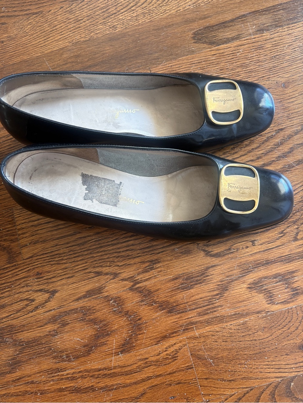 Salvatore Ferragamo Black Leather Flats with Gold Logo Buckle